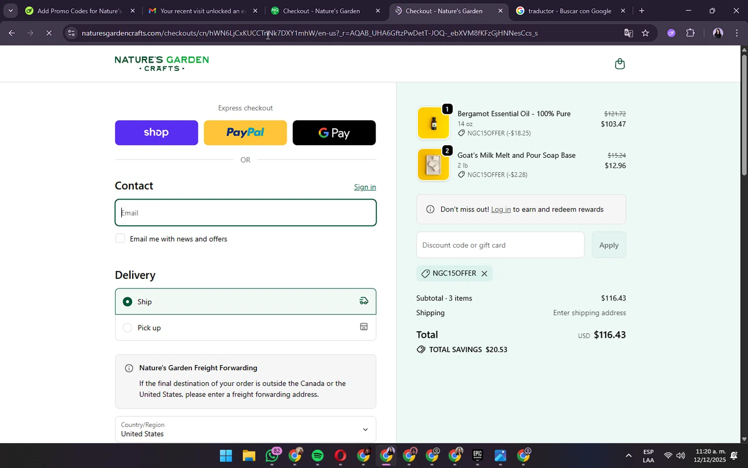 Natures Garden Candle Supply coupon code screenshot showing code NGC15OFFER applied at Natures Garden Candle Supply checkout page. Uploaded by SimplyCodes community member OliviaRodrigo on Dec 12, 2025