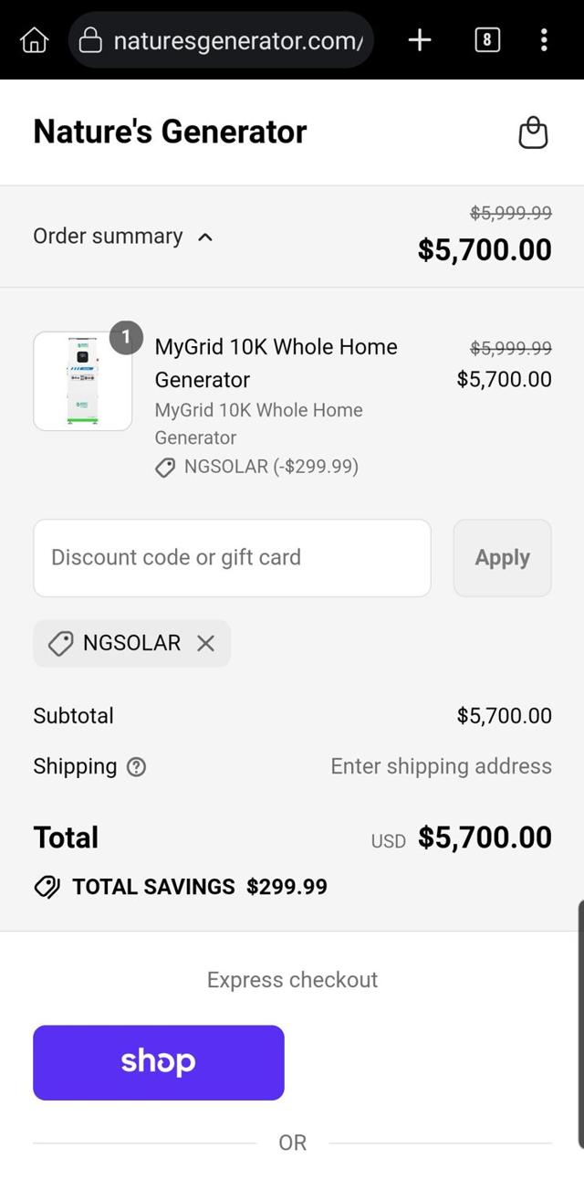 Nature's Generator checkout page showing Nature's Generator promo code box | Screenshot taken by SimplyCodes community member on Sep 10, 2025