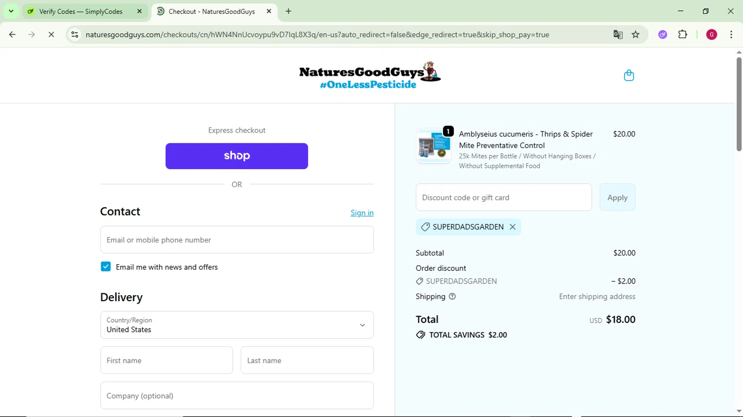Natures Good Guys discount code screenshot showing code SUPERDADSGARDEN applied at Natures Good Guys checkout page. Uploaded by SimplyCodes community member CrownFinder3074 on Oct 21, 2025