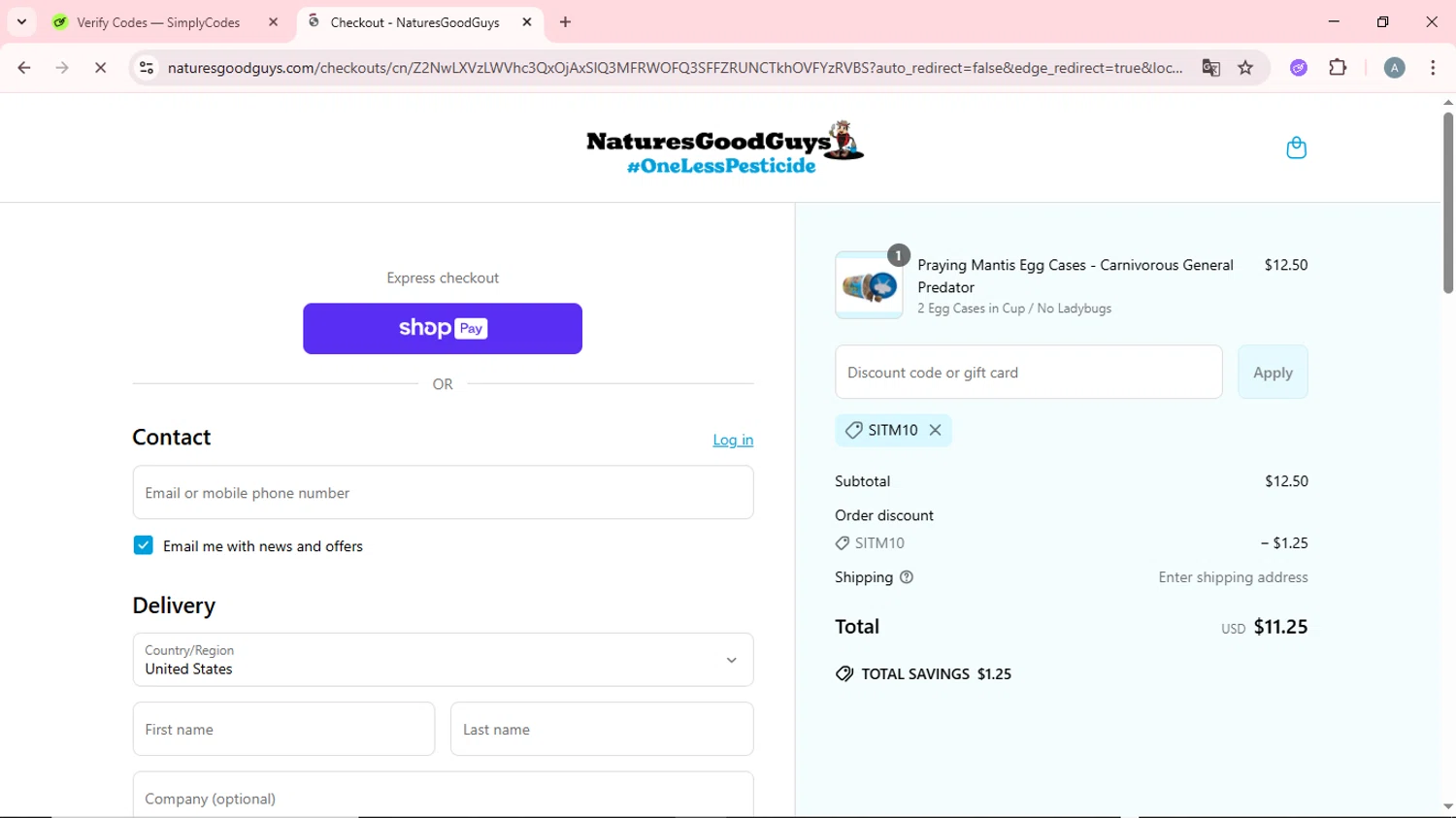 Natures Good Guys discount code screenshot showing code SITM10 applied at Natures Good Guys checkout page. Uploaded by SimplyCodes community member CrownSpotter6947 on May 1, 2025