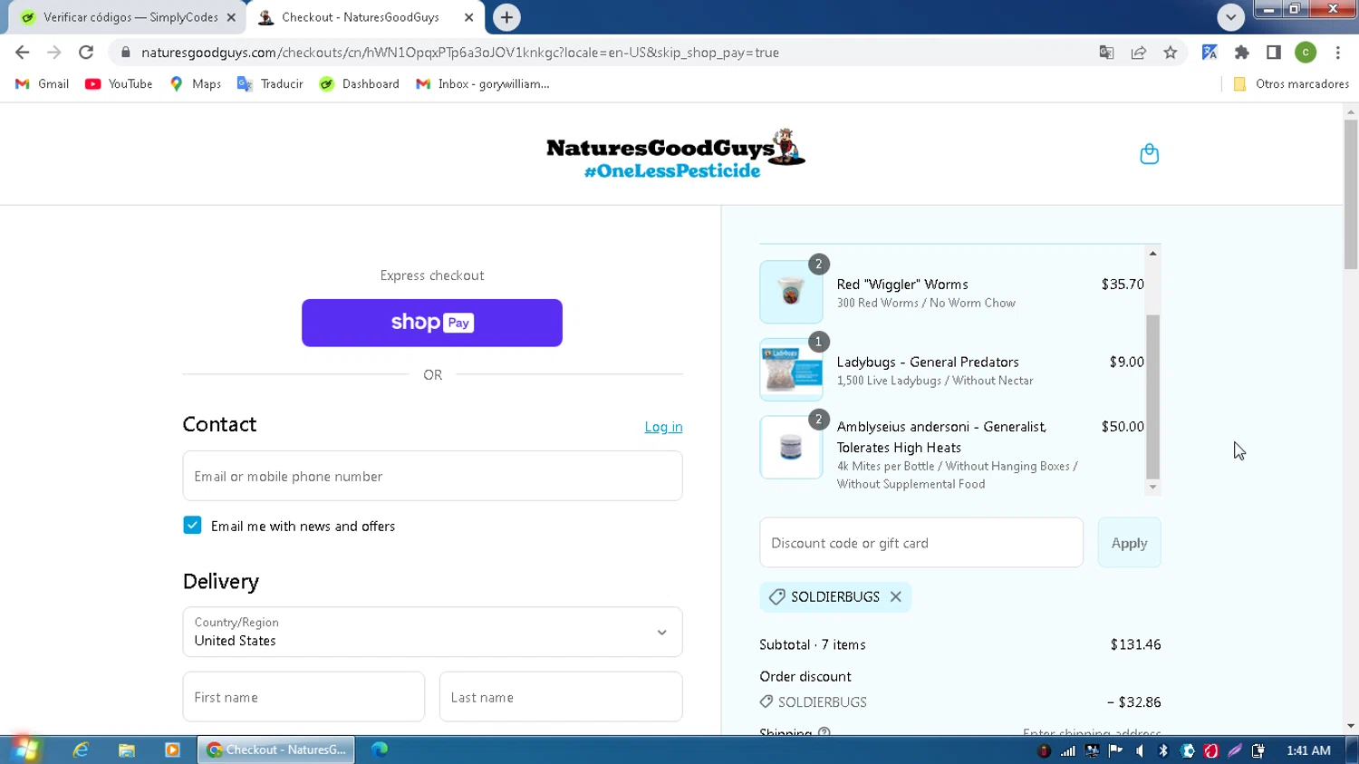 Natures Good Guys discount code screenshot showing code SOLDIERBUGS applied at Natures Good Guys checkout page. Uploaded by SimplyCodes community member MagnificentPilot8371 on Aug 4, 2025