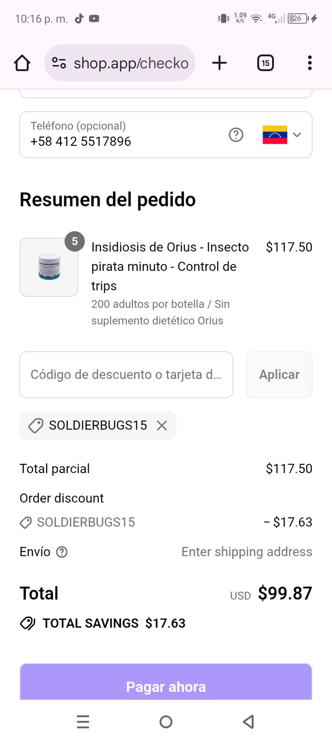 Natures Good Guys discount code screenshot showing code SOLDIERBUGS15 applied at Natures Good Guys checkout page. Uploaded by SimplyCodes community member SavingsHero5596 on Jul 9, 2025