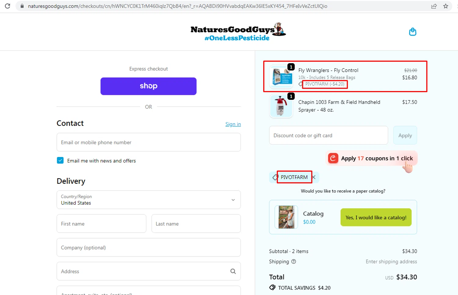 Natures Good Guys promo code screenshot showing code PIVOTFARM applied at Natures Good Guys checkout page. Uploaded by SimplyCodes community member nileskamarcano on May 25, 2026
