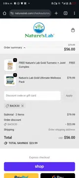 BACK30 coupon verification screenshot