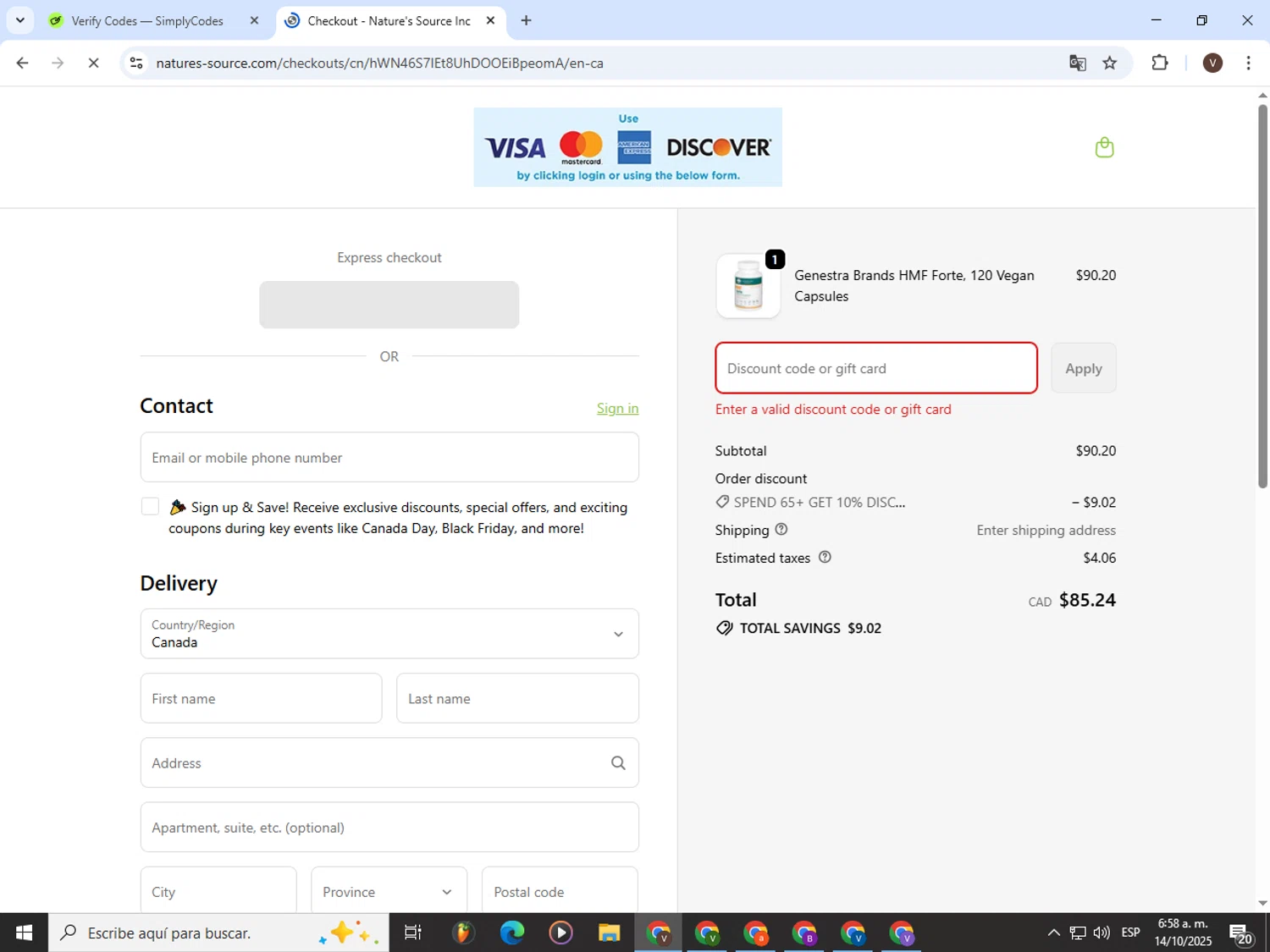 Nature's Source promo code screenshot showing code SUMMER10 applied at Nature's Source checkout page. Uploaded by SimplyCodes community member CashLion3448 on Oct 14, 2025