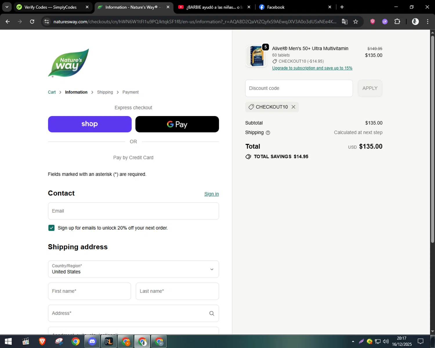 Nature's Way Brands promo code screenshot showing code CHECKOUT10 applied at Nature's Way Brands checkout page. Uploaded by SimplyCodes community member CleverSentinel9441 on Dec 17, 2025