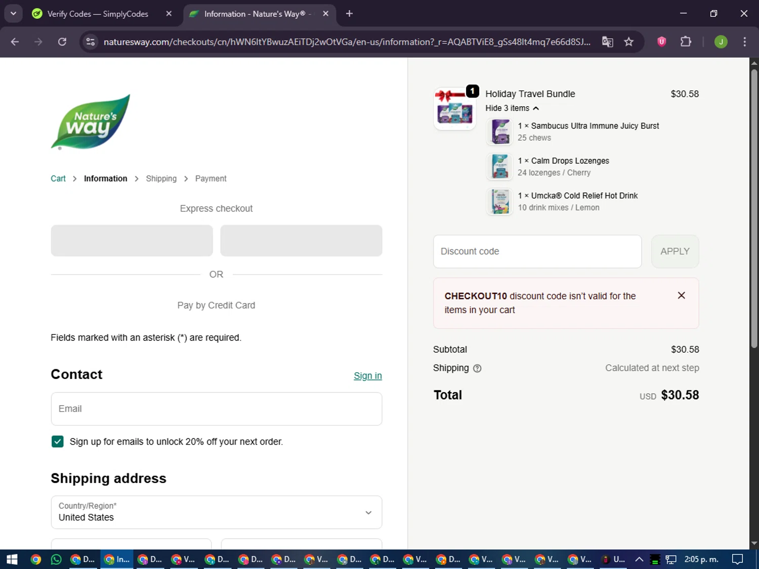 Nature's Way Brands promo code screenshot showing code CHECKOUT10 applied at Nature's Way Brands checkout page. Uploaded by SimplyCodes community member LilBaby on Dec 23, 2025