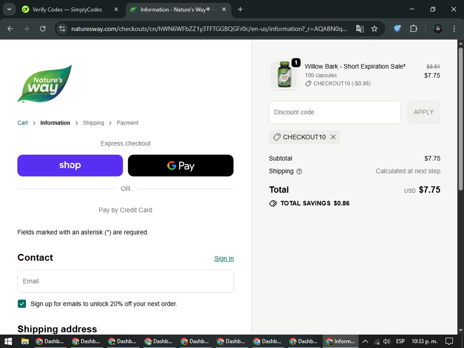 Nature's Way Brands promo code screenshot showing code CHECKOUT10 applied at Nature's Way Brands checkout page. Uploaded by SimplyCodes community member ValueElite5945 on Dec 17, 2025