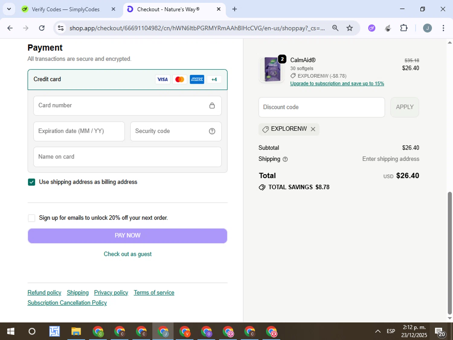 Nature's Way Brands promo code screenshot showing code EXPLORENW applied at Nature's Way Brands checkout page. Uploaded by SimplyCodes community member ValueTracker8384 on Dec 23, 2025