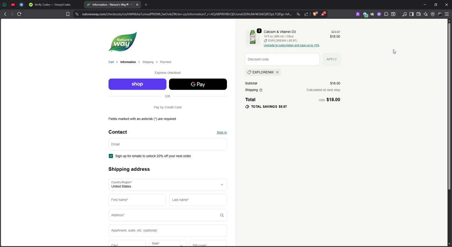 Nature's Way Brands promo code screenshot showing code EXPLORENW applied at Nature's Way Brands checkout page. Uploaded by SimplyCodes community member lisethchirino on Dec 7, 2025