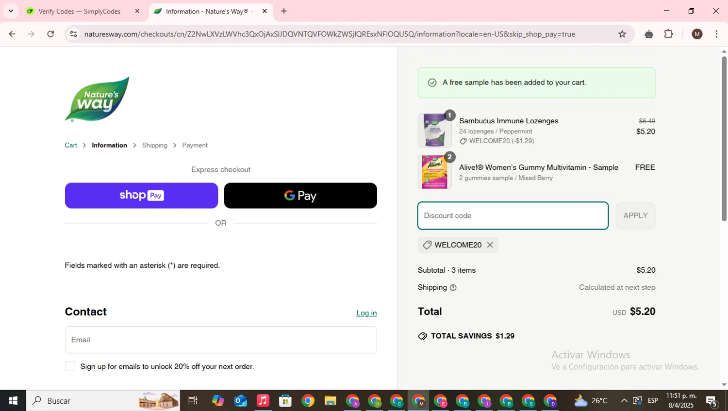 Nature's Way Brands promo code screenshot showing code WELCOME20 applied at Nature's Way Brands checkout page. Uploaded by SimplyCodes community member WonderWizard9060 on Apr 9, 2025