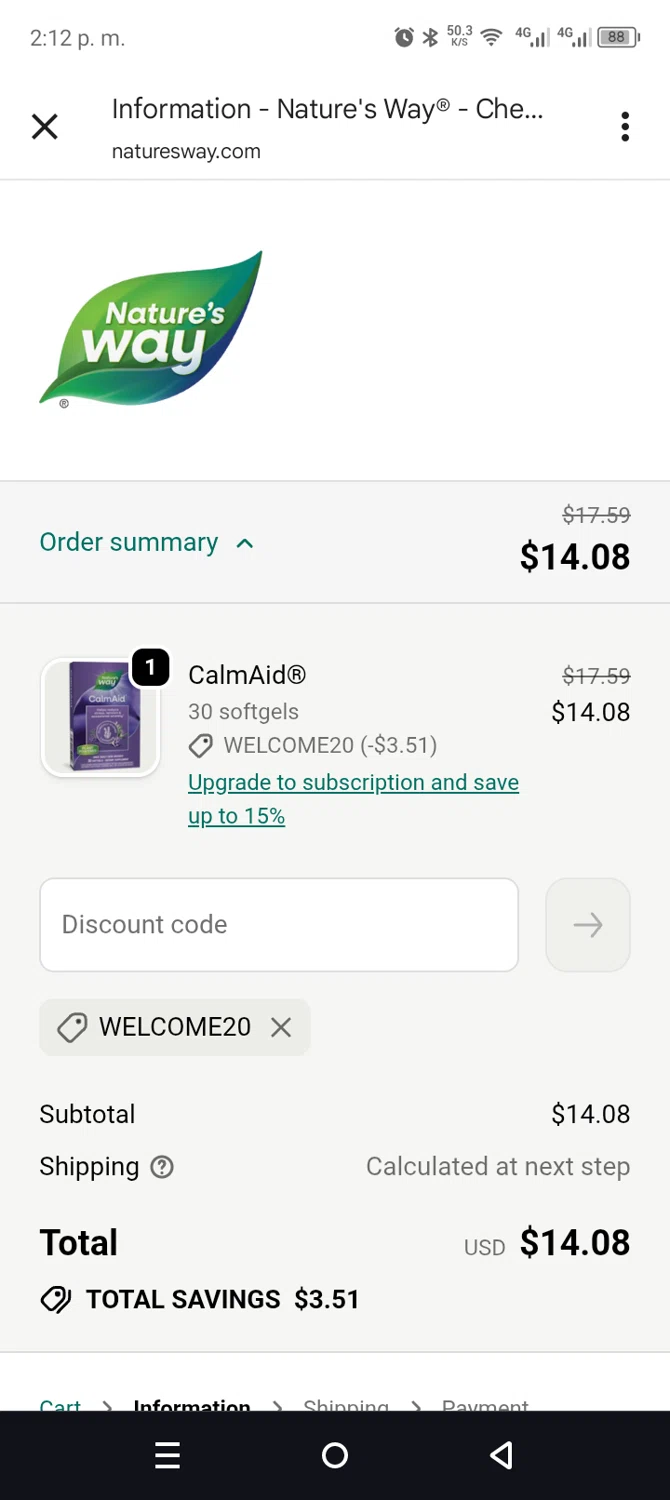 Nature's Way Brands promo code screenshot showing code WELCOME20 applied at Nature's Way Brands checkout page. Uploaded by SimplyCodes community member leiraM on Dec 23, 2025