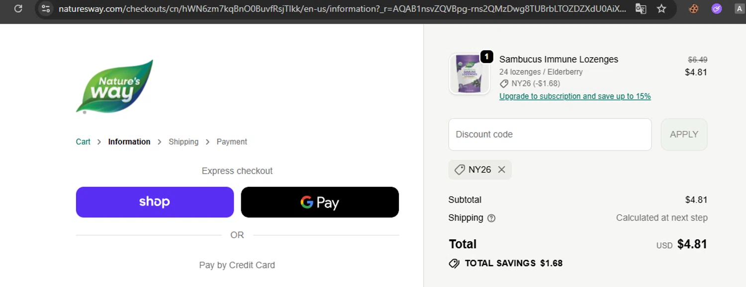 Nature's Way Brands promo code screenshot showing code NY26 applied at Nature's Way Brands checkout page. Uploaded by SimplyCodes community member javierprez on Dec 29, 2025