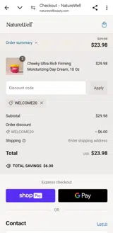 WELCOME20 coupon verification screenshot