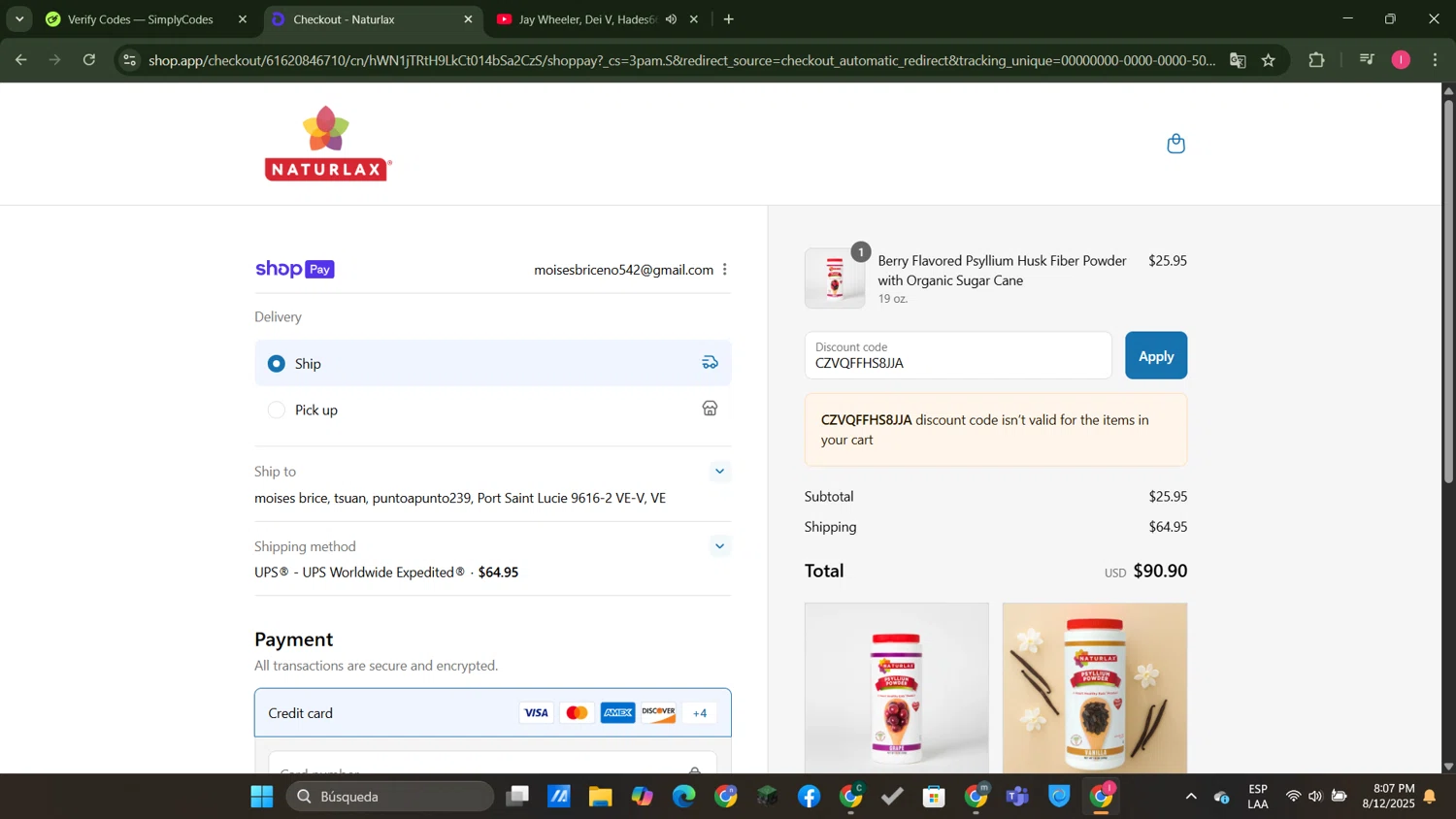 Naturlax discount code screenshot showing code CZVQFFHS8JJA applied at Naturlax checkout page. Uploaded by SimplyCodes community member MightyGuardian8404 on Aug 13, 2025