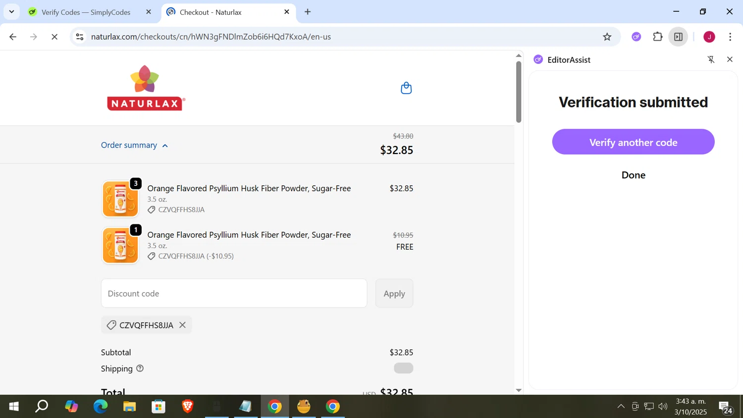 Naturlax discount code screenshot showing code CZVQFFHS8JJA applied at Naturlax checkout page. Uploaded by SimplyCodes community member vergil_lains on Oct 3, 2025