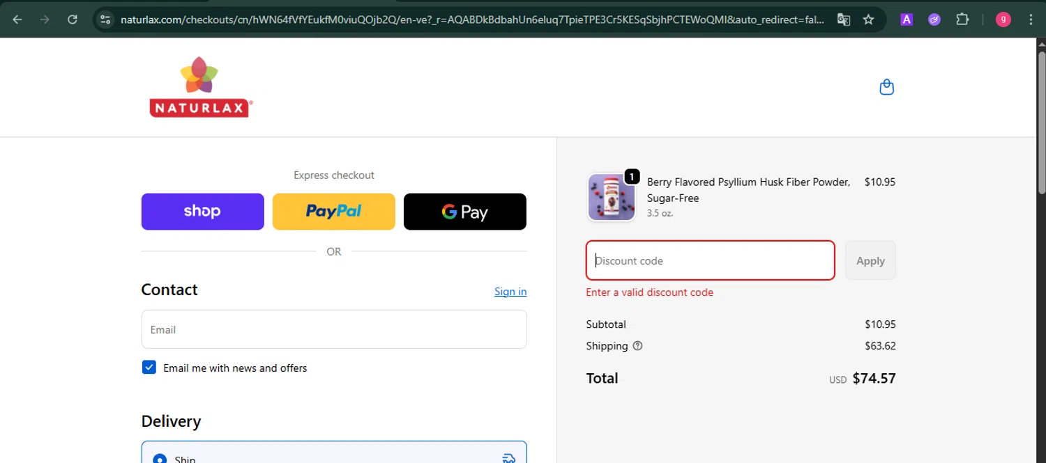 Naturlax discount code screenshot showing code BFCM25 applied at Naturlax checkout page. Uploaded by SimplyCodes community member MoneyFalcon481 on Dec 5, 2025
