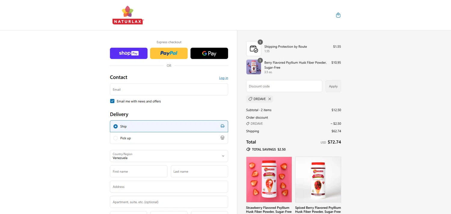 Naturlax discount code screenshot showing code DRDAVE applied at Naturlax checkout page. Uploaded by SimplyCodes community member ivantorres on Aug 3, 2025