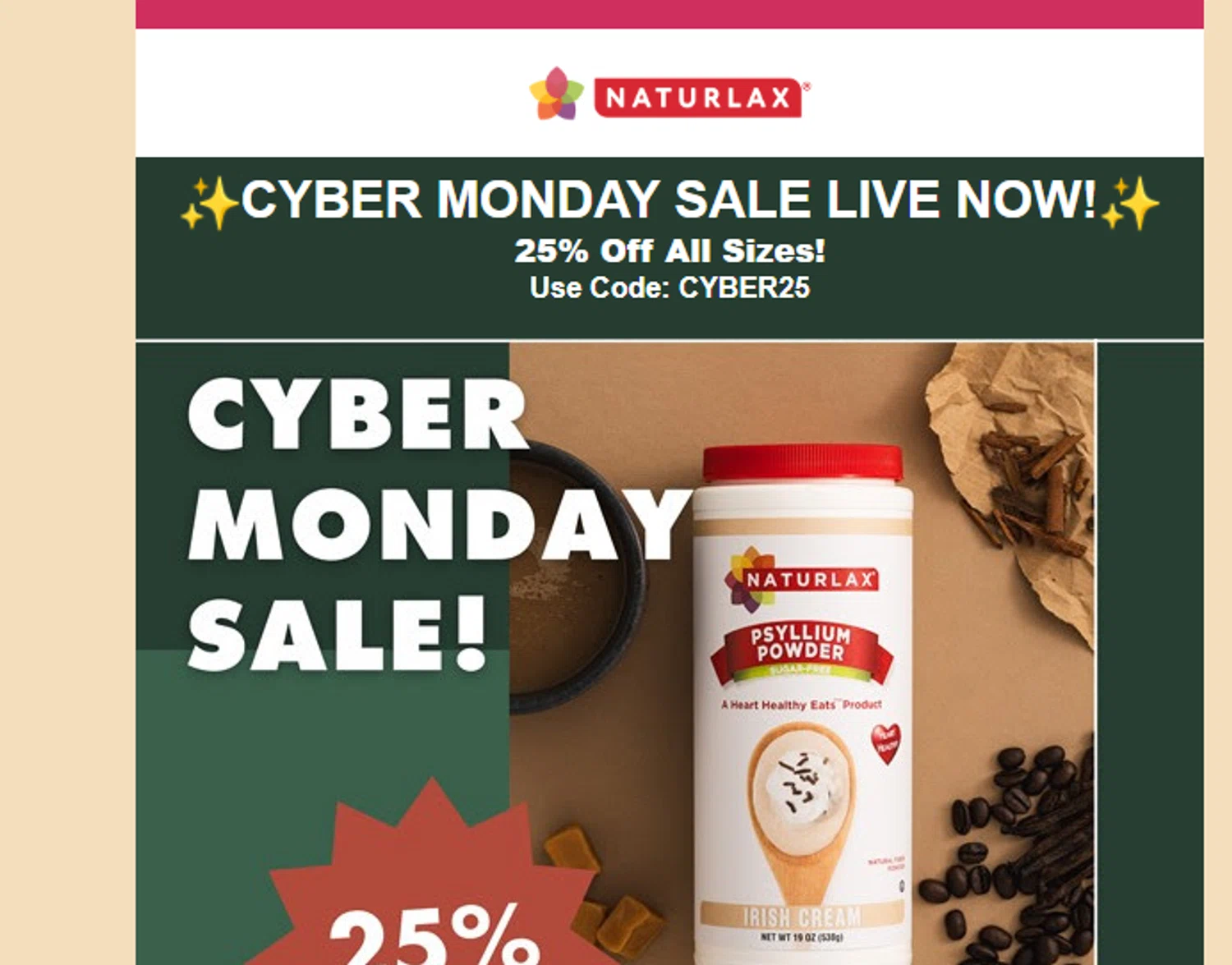 Naturlax discount code screenshot showing code CYBER25 applied at Naturlax checkout page. Uploaded by SimplyCodes community member valeriaantonieta on Dec 1, 2025