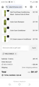 WELCOME25 coupon verification screenshot