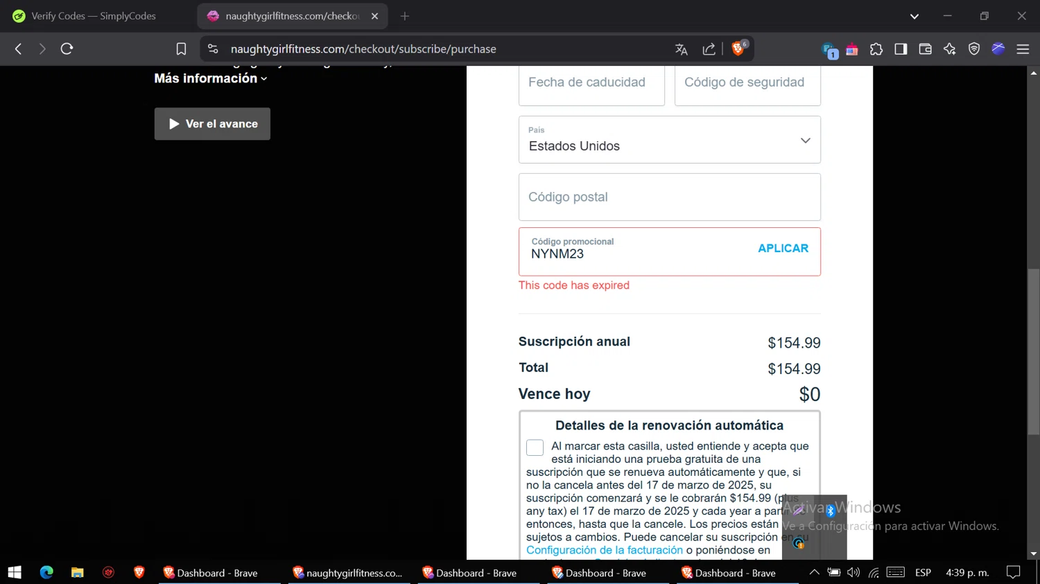 Naughty Girl Fitness promo code screenshot showing code NYNM23 applied at Naughty Girl Fitness checkout page. Uploaded by SimplyCodes community member CoinVirtuoso9916 on Mar 10, 2025