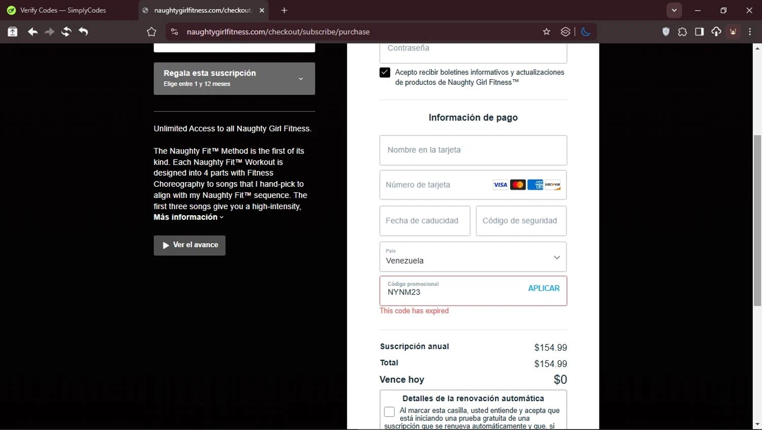 Naughty Girl Fitness promo code screenshot showing code NYNM23 applied at Naughty Girl Fitness checkout page. Uploaded by SimplyCodes community member CleverPioneer8971 on Feb 28, 2025
