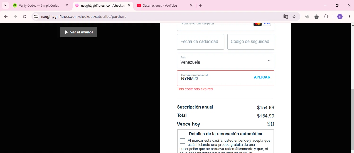 Naughty Girl Fitness promo code screenshot showing code NYNM23 applied at Naughty Girl Fitness checkout page. Uploaded by SimplyCodes community member ShieldCurator2100 on Mar 26, 2025