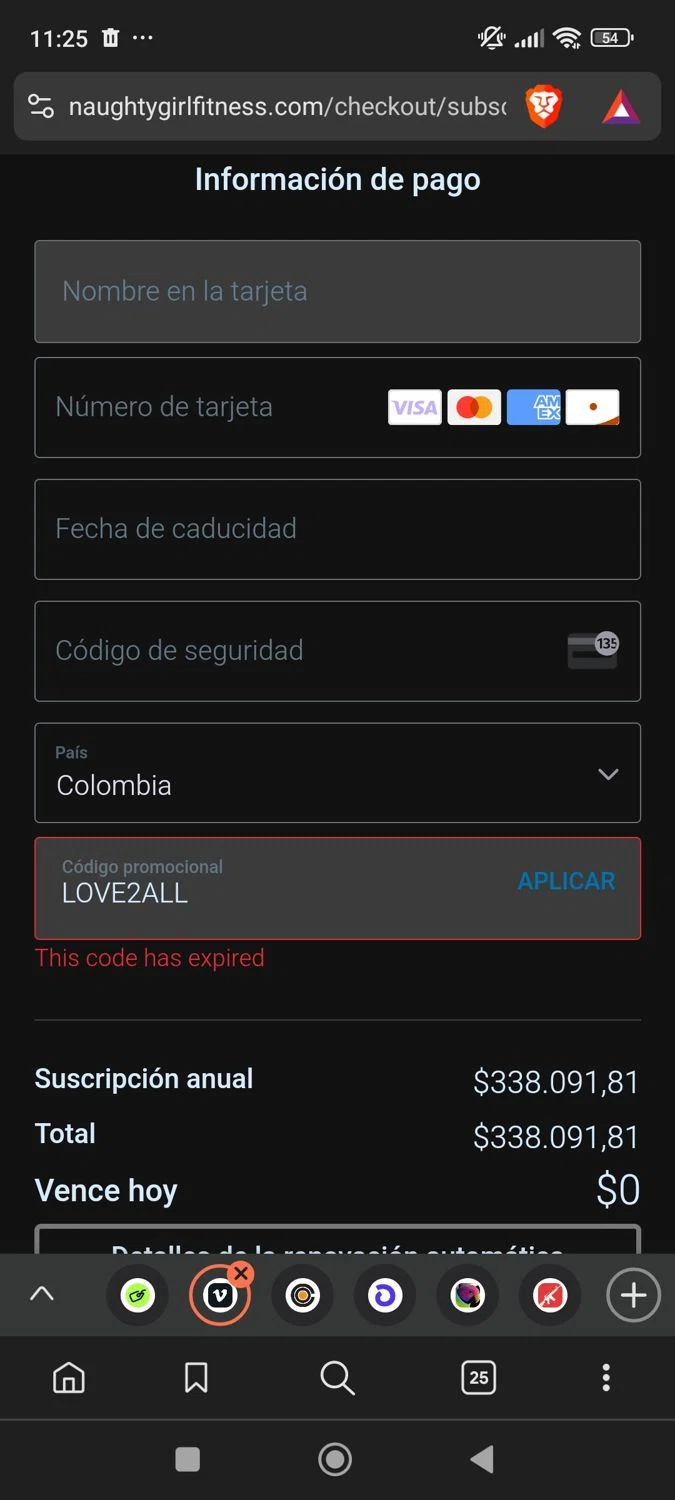 Naughty Girl Fitness promo code screenshot showing code Love2All applied at Naughty Girl Fitness checkout page. Uploaded by SimplyCodes community member Mirian on Feb 24, 2025