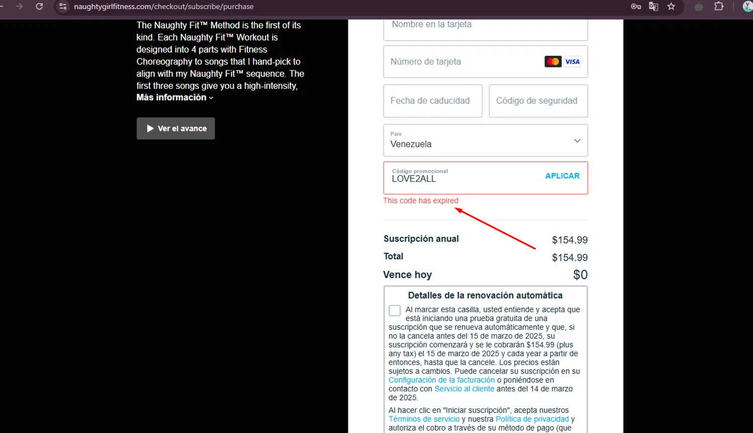 Naughty Girl Fitness promo code screenshot showing code Love2All applied at Naughty Girl Fitness checkout page. Uploaded by SimplyCodes community member elgatobravo on Mar 8, 2025