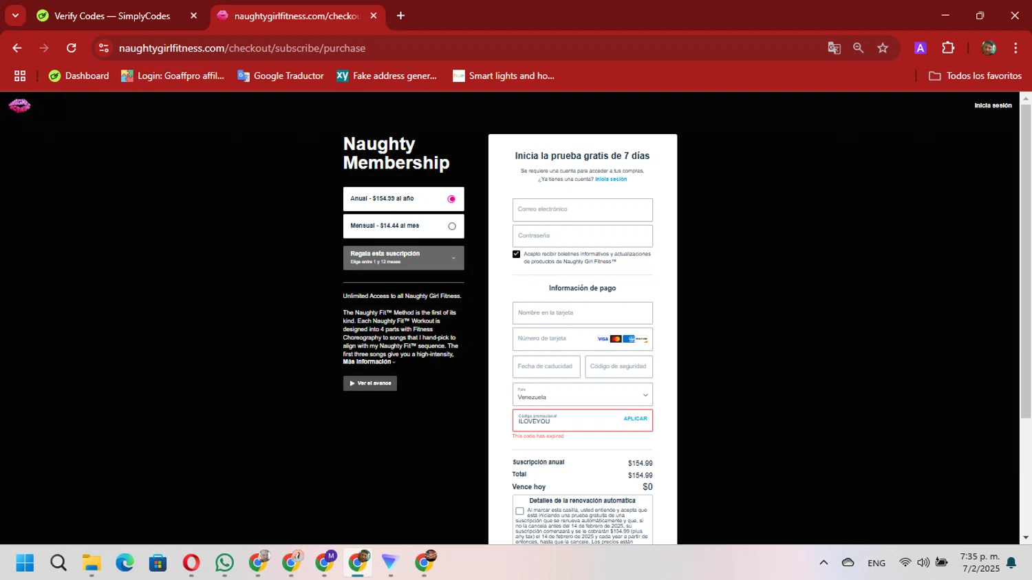 Naughty Girl Fitness promo code screenshot showing code Iloveyou applied at Naughty Girl Fitness checkout page. Uploaded by SimplyCodes community member David_Gut_Sonic on Feb 7, 2025