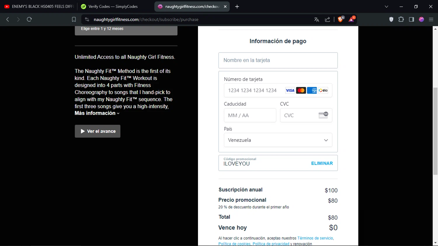 Naughty Girl Fitness checkout page showing Naughty Girl Fitness promo code box | Screenshot taken by SimplyCodes community member on May 26, 2024