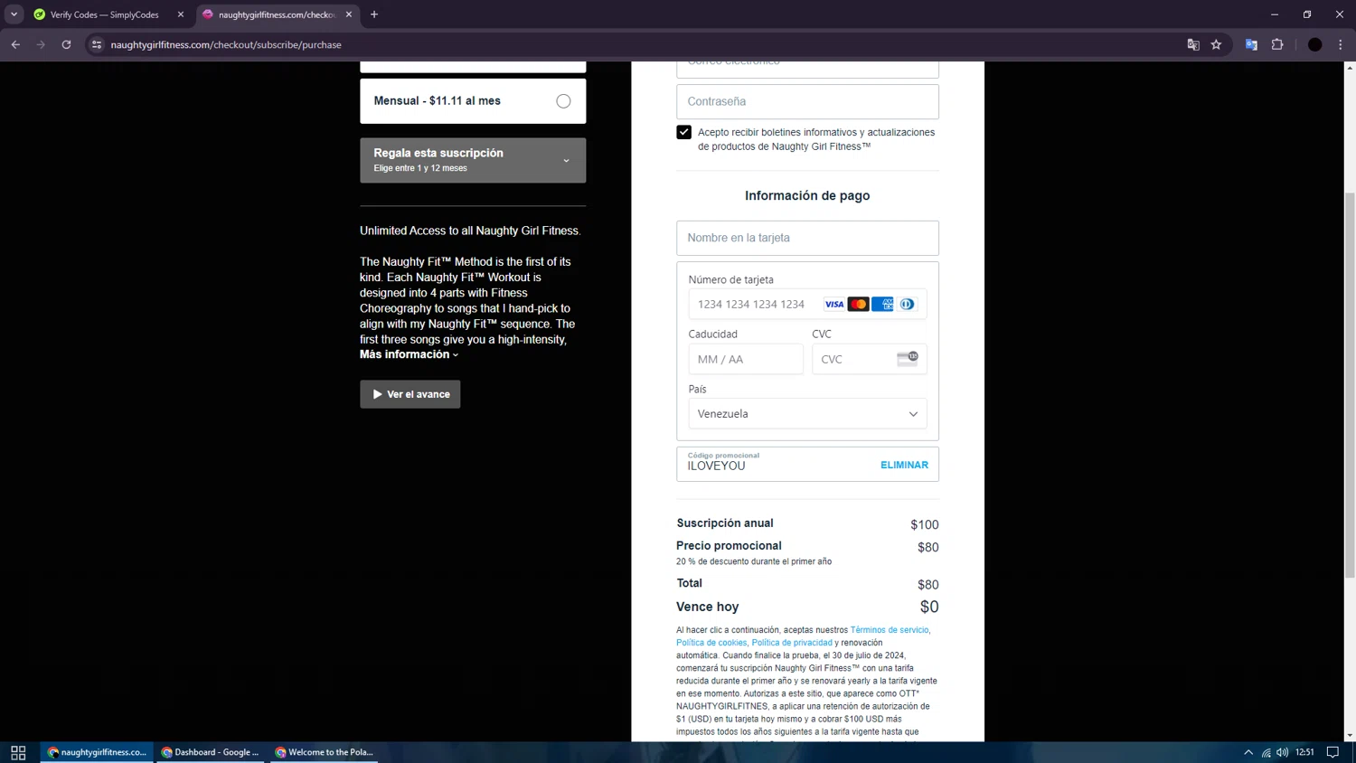 Naughty Girl Fitness checkout page showing Naughty Girl Fitness promo code box | Screenshot taken by SimplyCodes community member on Jul 23, 2024