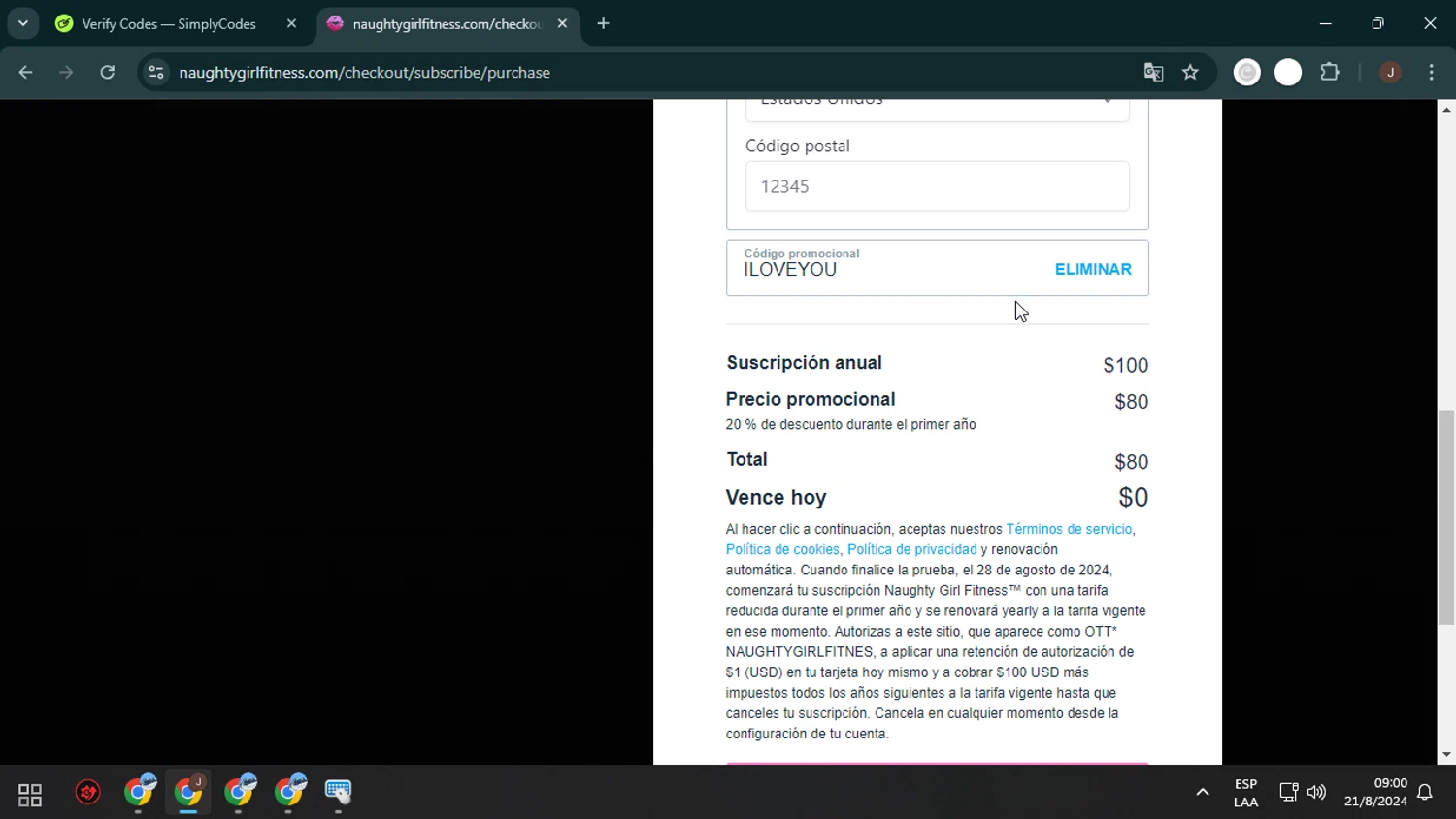 Naughty Girl Fitness checkout page showing Naughty Girl Fitness promo code box | Screenshot taken by SimplyCodes community member on Aug 21, 2024
