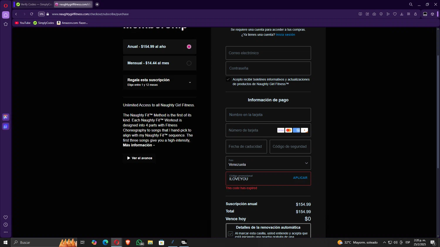 Naughty Girl Fitness promo code screenshot showing code Iloveyou applied at Naughty Girl Fitness checkout page. Uploaded by SimplyCodes community member Gojira on Feb 25, 2025