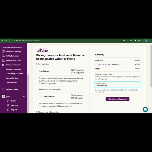 Nav checkout page showing Nav coupon code box | Screenshot taken by SimplyCodes community member on Sep 8, 2023