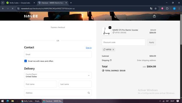 NAVEE checkout page showing NAVEE promo code box | Screenshot taken by SimplyCodes community member on Sep 19, 2025