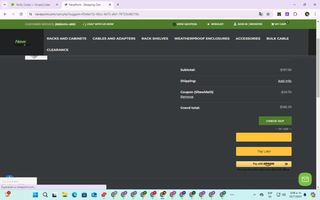 Nave Point checkout page showing Nave Point promo code box | Screenshot taken by SimplyCodes community member on Jul 16, 2024