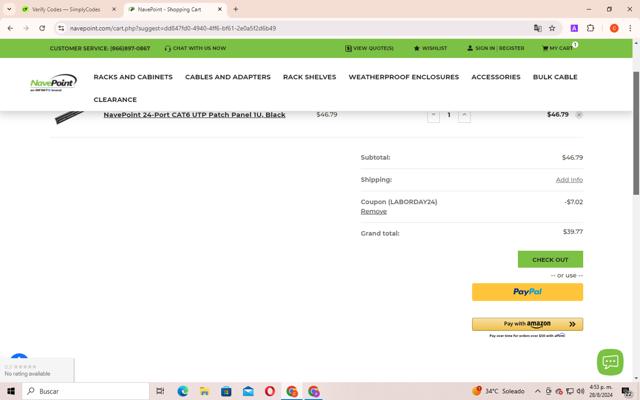 Nave Point checkout page showing Nave Point promo code box | Screenshot taken by SimplyCodes community member on Aug 28, 2024
