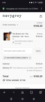 Navygrey25welcome10 coupon verification screenshot