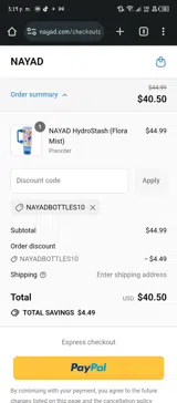 NAYADBOTTLES10 coupon verification screenshot