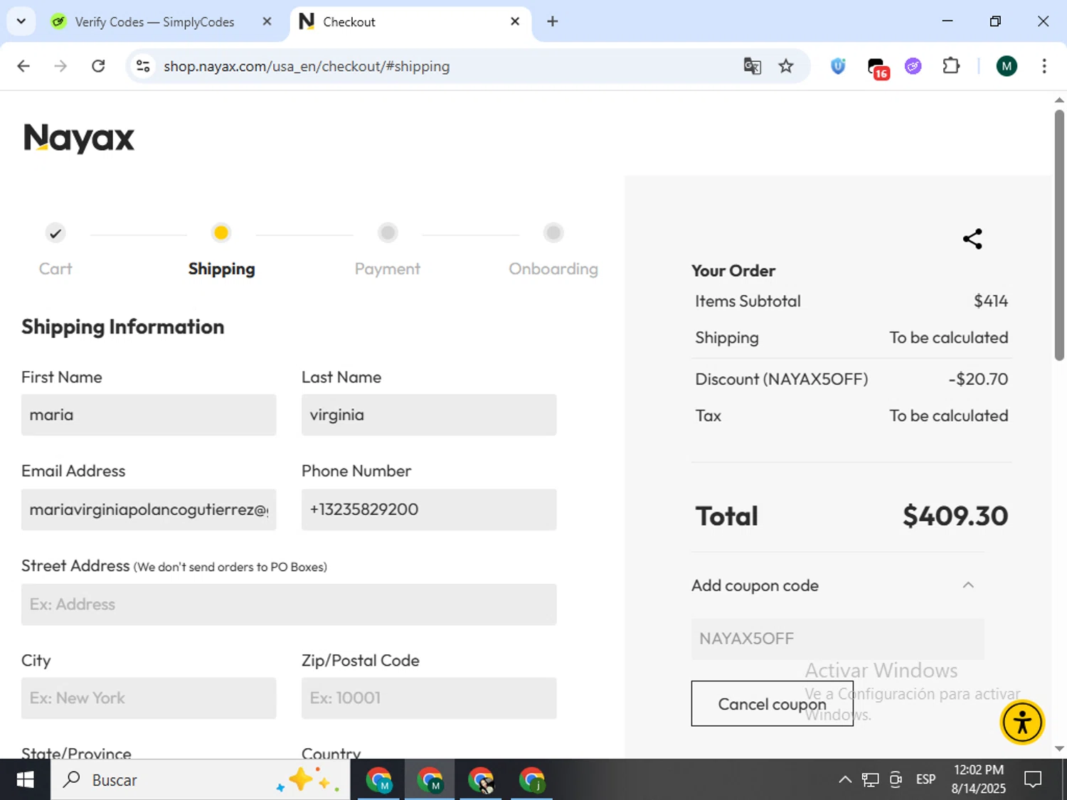 Nayax coupon code screenshot showing code NAYAX5OFF applied at Nayax checkout page. Uploaded by SimplyCodes community member Jorgeluisvera on Aug 14, 2025