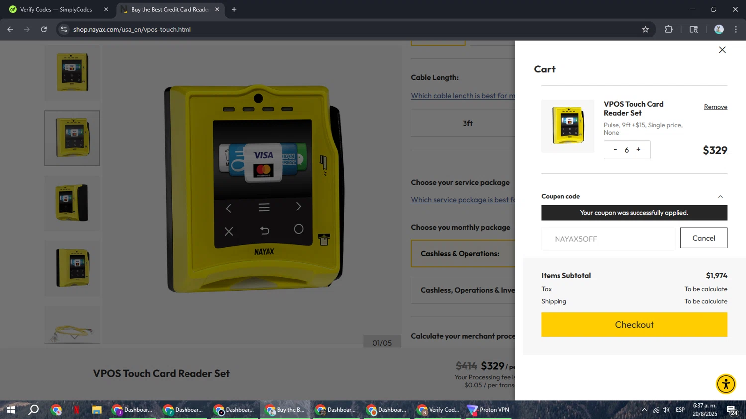 Nayax coupon code screenshot showing code NAYAX5OFF applied at Nayax checkout page. Uploaded by SimplyCodes community member ShrewdSeeker6165 on Aug 20, 2025