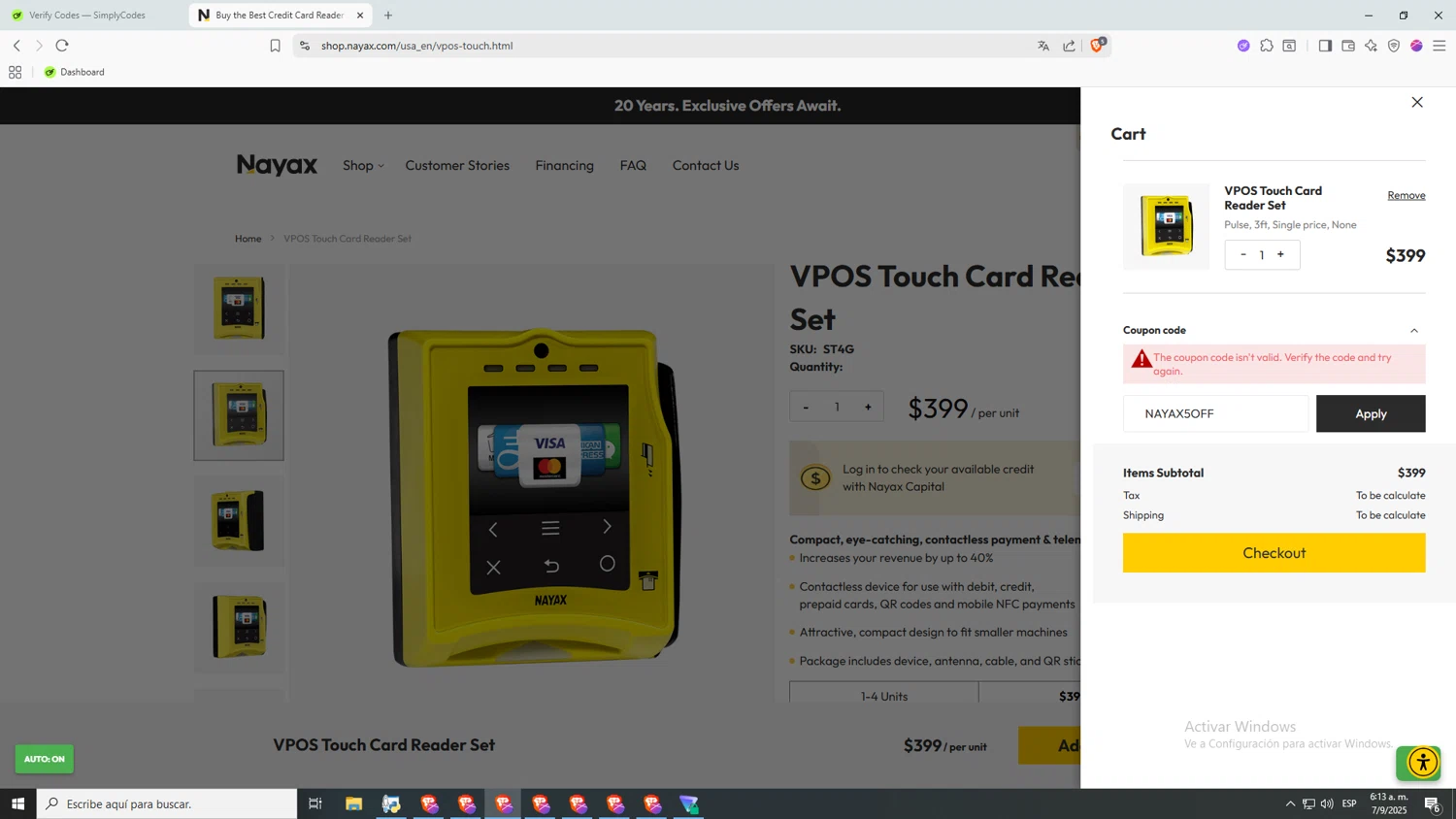 Nayax coupon code screenshot showing code NAYAX5OFF applied at Nayax checkout page. Uploaded by SimplyCodes community member jHjJJJhgPlDmsdUYitrNMASDll on Sep 7, 2025