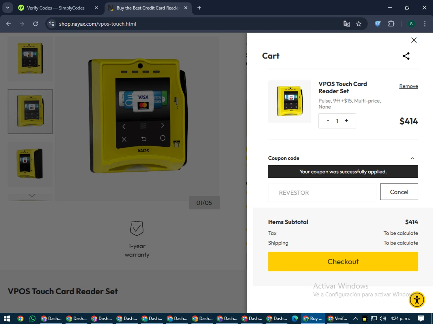 Nayax coupon code screenshot showing code REVESTOR applied at Nayax checkout page. Uploaded by SimplyCodes community member lilMosey on Jun 11, 2025