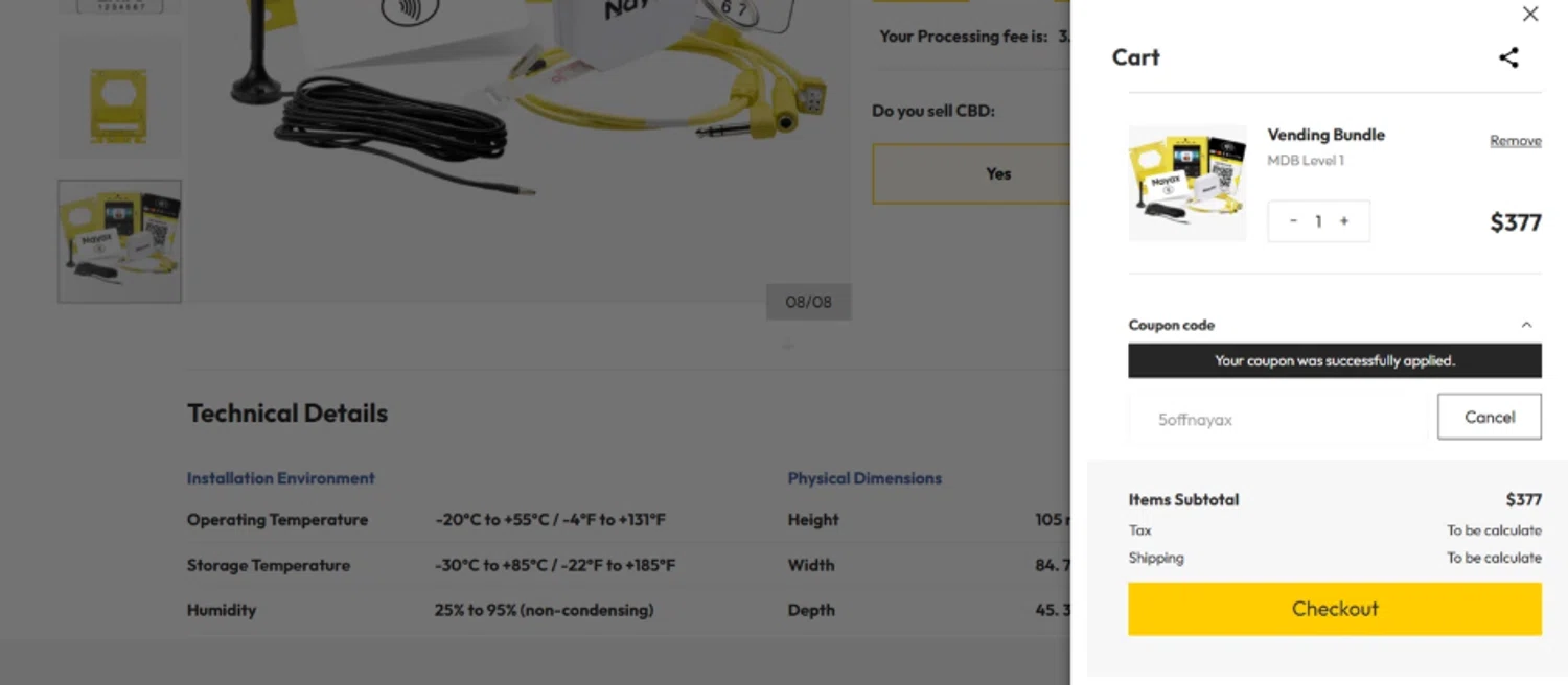 Nayax checkout page showing Nayax coupon code box | Screenshot taken by SimplyCodes community member on Aug 11, 2025
