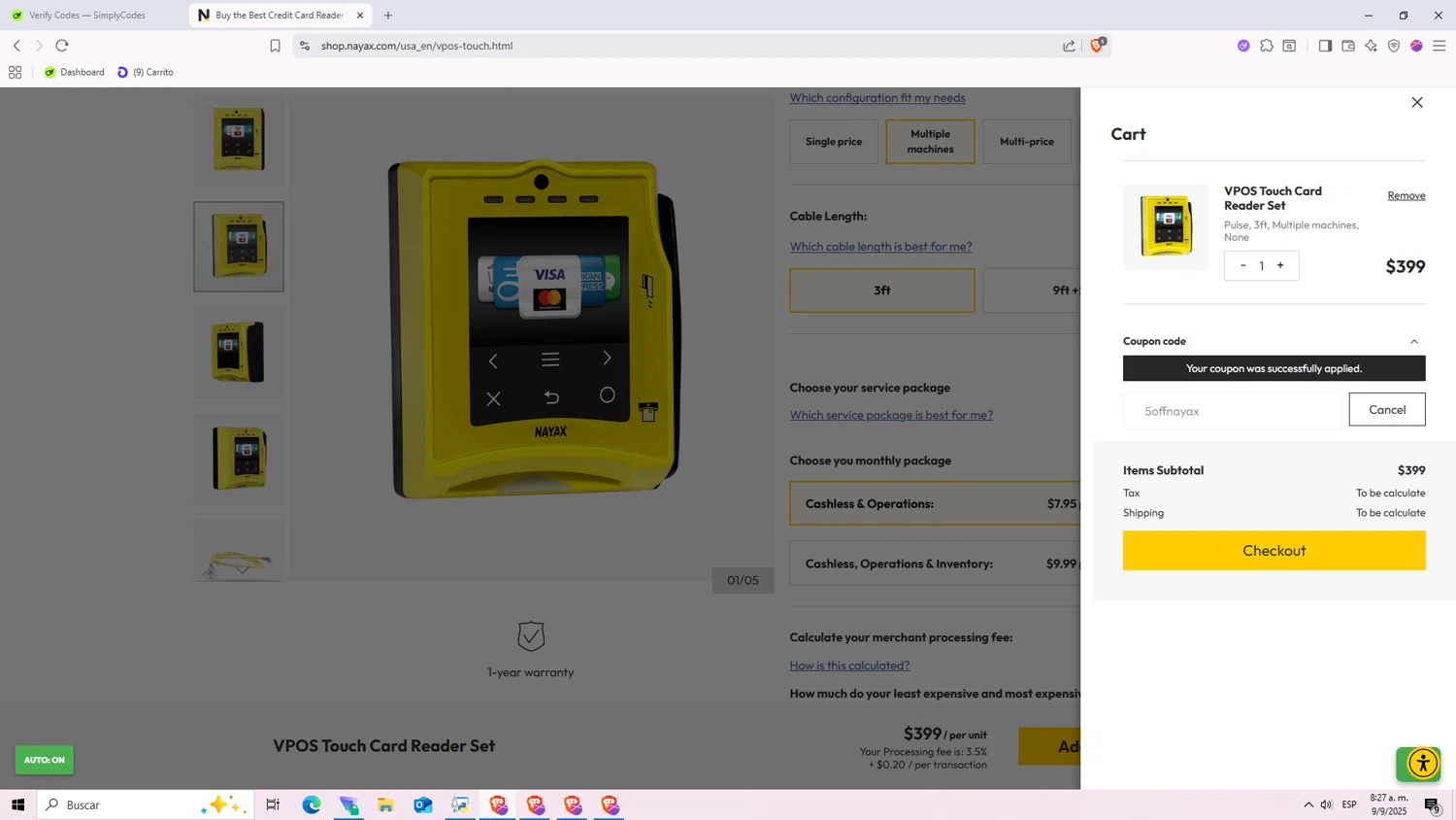 Nayax coupon code screenshot showing code 5offnayax applied at Nayax checkout page. Uploaded by SimplyCodes community member Nezukooo on Sep 9, 2025