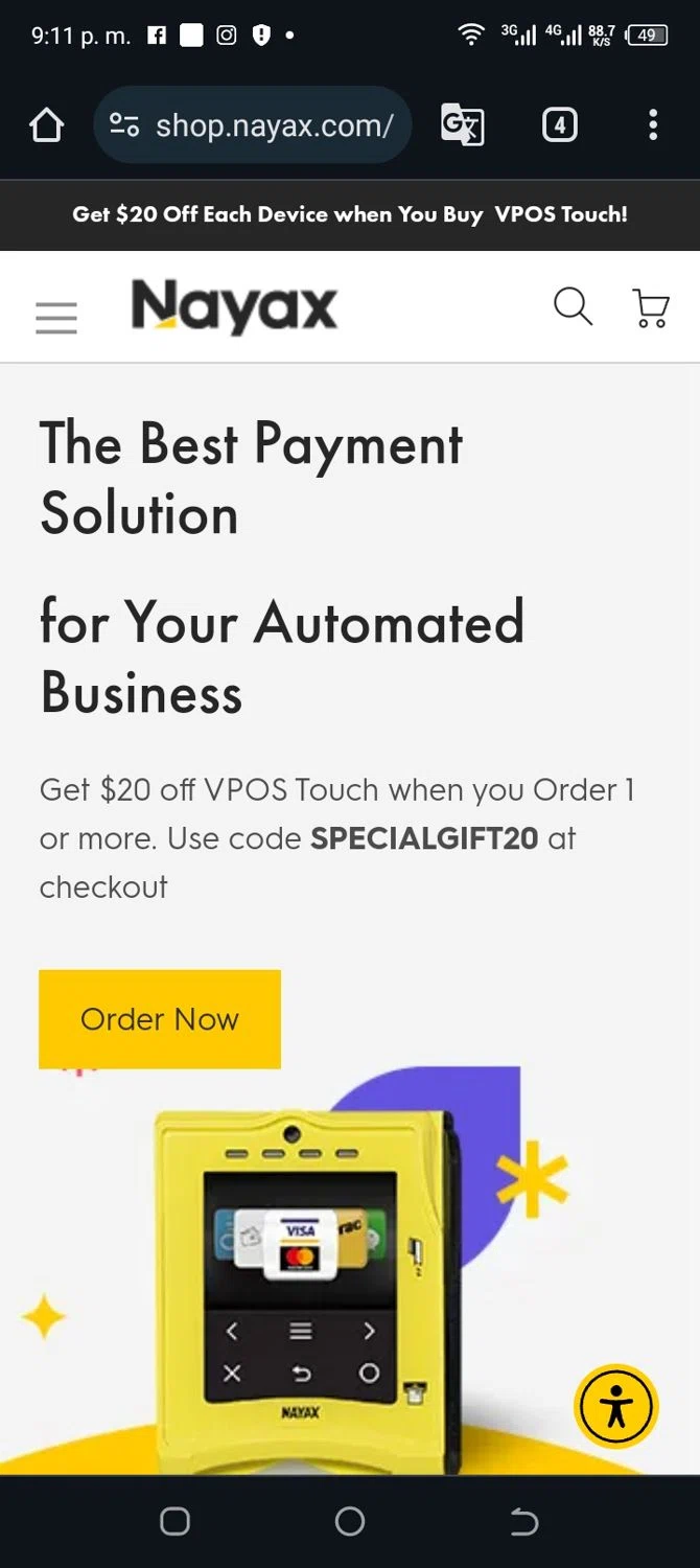 Nayax coupon code screenshot showing code SPECIALGIFT20 applied at Nayax checkout page. Uploaded by SimplyCodes community member ylenisjordan on Sep 25, 2024