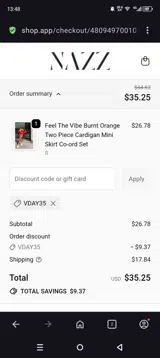 VDAY35 coupon verification screenshot