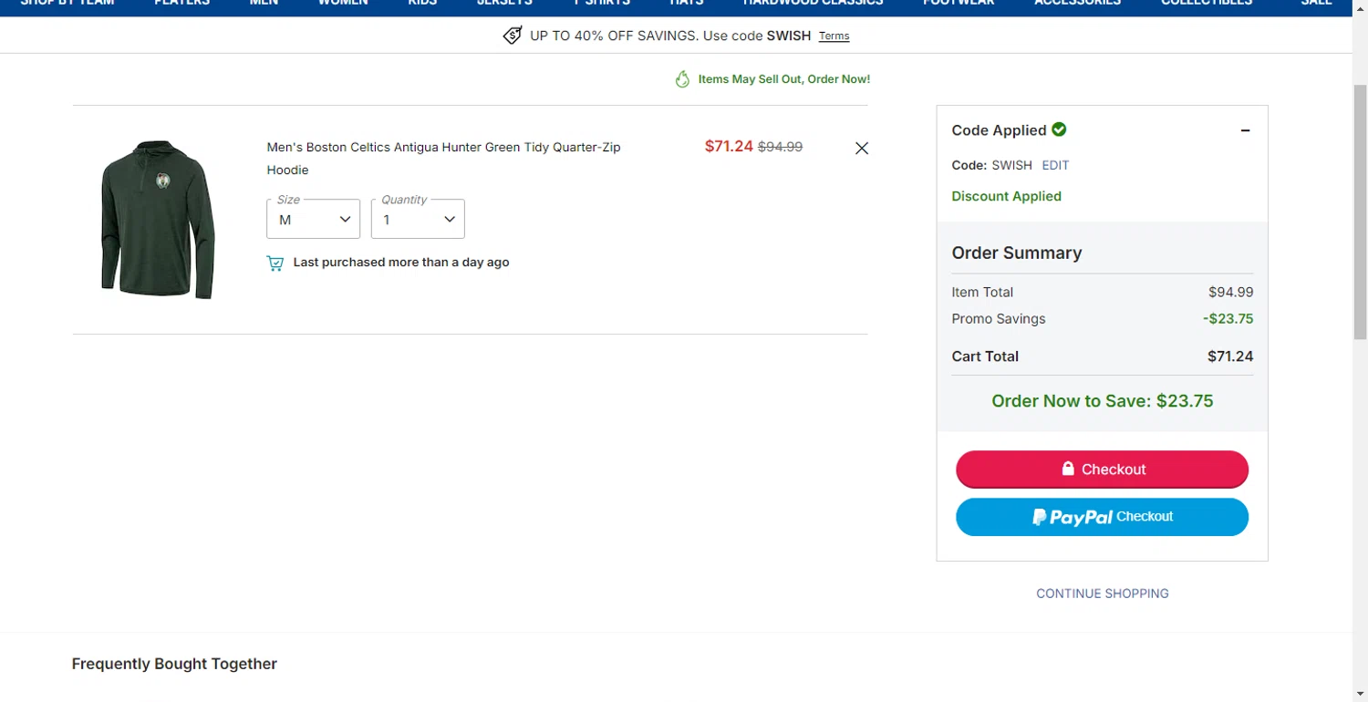 NBA League Pass promo code screenshot showing code SWISH applied at NBA League Pass checkout page. Uploaded by SimplyCodes community member DiscountPhoenix427 on Dec 28, 2025