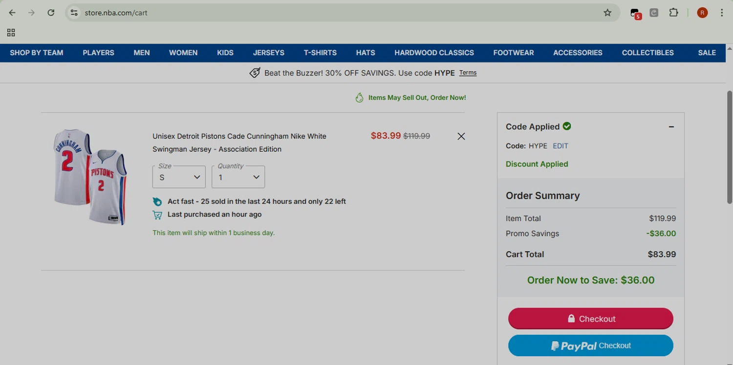 NBA League Pass promo code screenshot showing code HYPE applied at NBA League Pass checkout page. Uploaded by SimplyCodes community member BrilliantRanger8168 on Dec 18, 2025